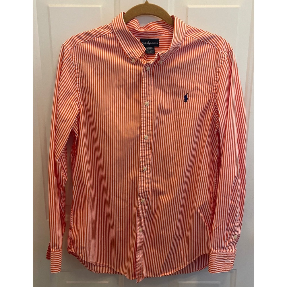 Ralph Lauren Boys XL 18-20 Orange White Striped Cotton Button Down Shirt Pony - Picture 2 of 7